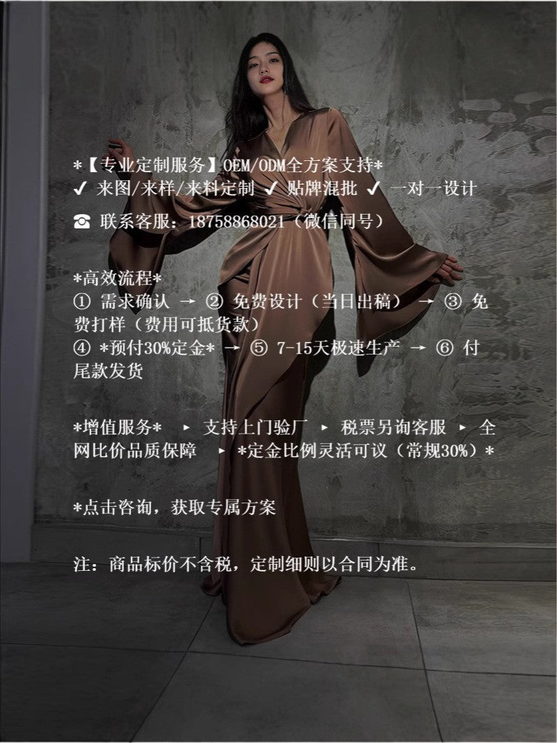 2025New AliExpress Amazon Dubai Spring Summer Solid Color Beaded Crystal Chain Satin Fashion Dress for Women