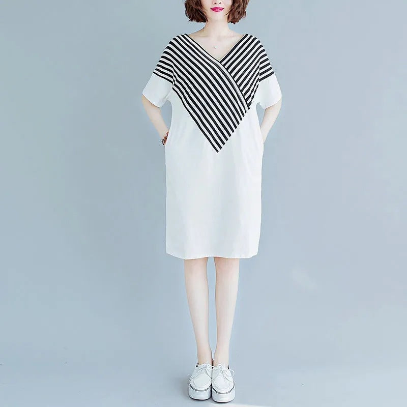 Korean Style Mid-Length Short-Sleeve Striped Patchwork Skirt, Belly-Covering, Slimming, Plus Size, Loose-Fit, Casual V Women's Trendy Collared Dress