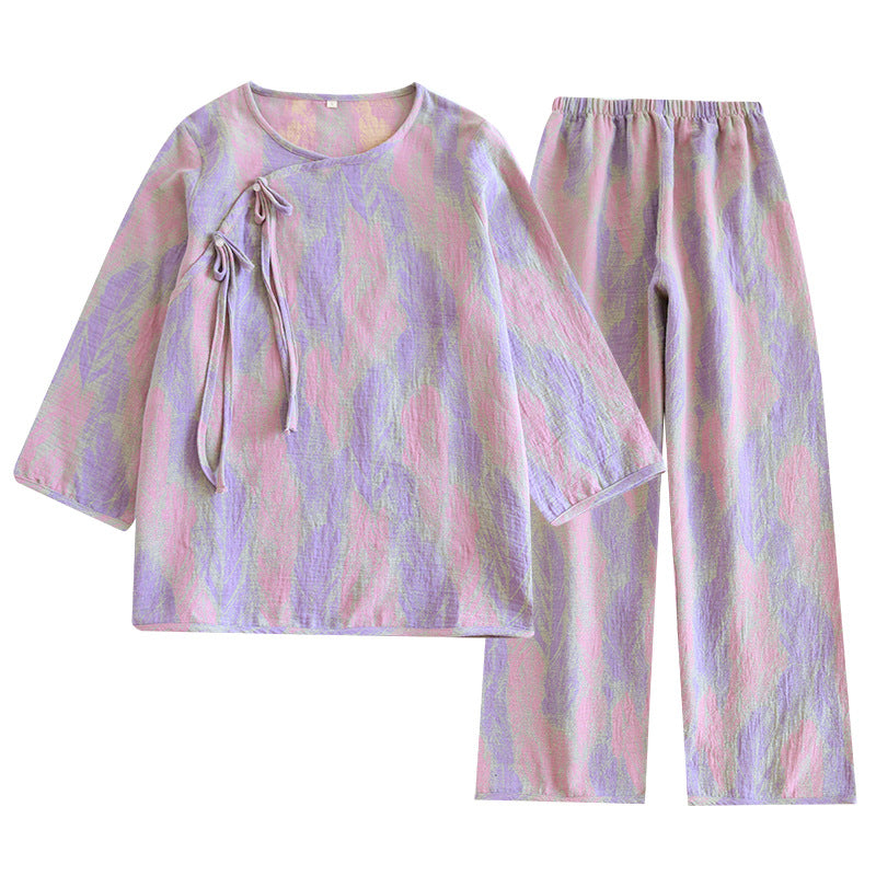 Yarn-Dyed Women's Thin Cotton Jacquard Feather Retro Chinese Style Spring Summer Homewear Loose Pajama Set Dropshipping