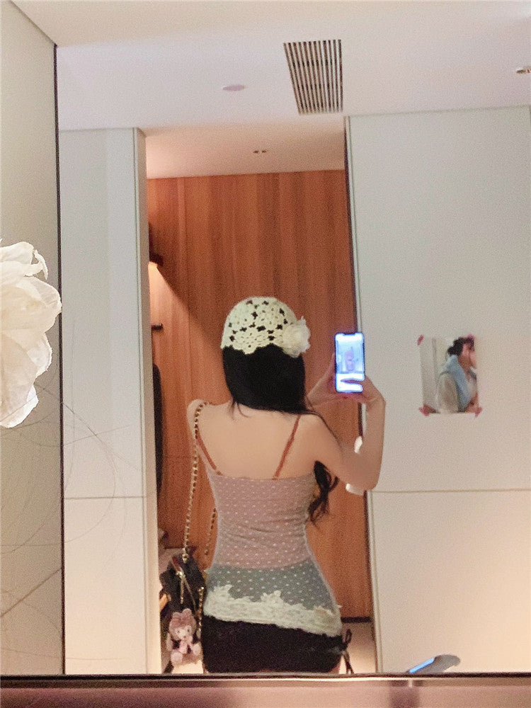 Lace Patchwork Mesh Fake Two-Piece Design Camisole with Chest Pads for Women, Slim Fit, Wearable Outside Top for Hot Girls