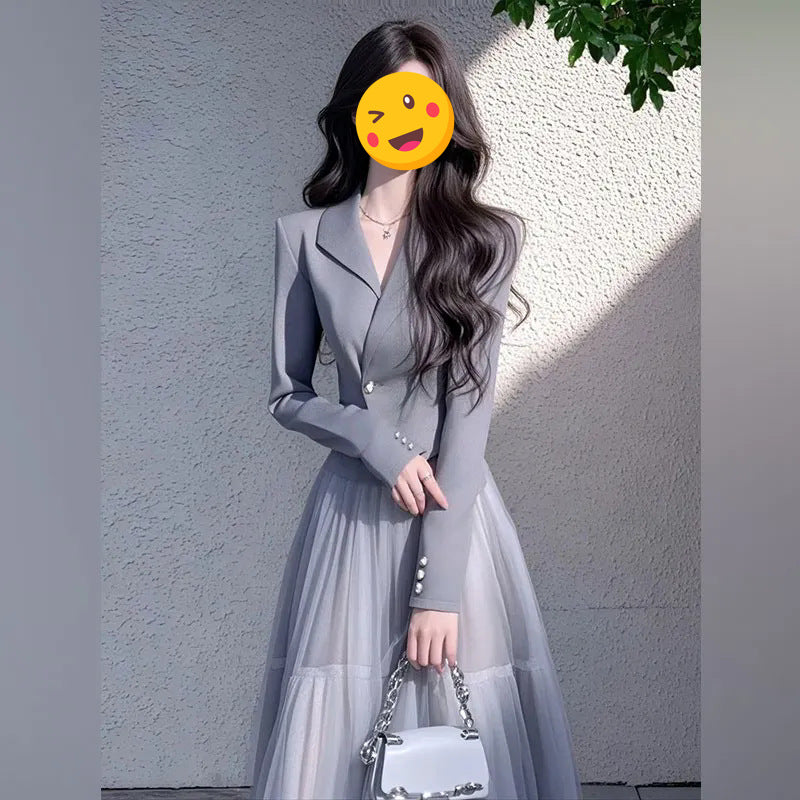 2025Spring 2023 Light Luxury High-End Elegant Socialite Little Chanel Style Gray Blazer Mesh Skirt Set