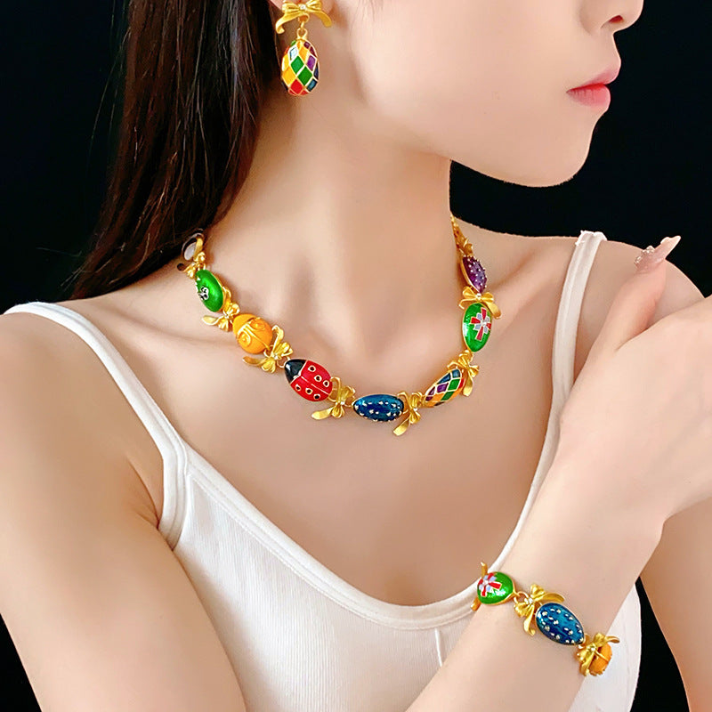 Medieval vintage Water Drop Flower Bow Necklace Palace Style Diamond Inlaid Oil Drop Collarbone Chain High-end Jewelry