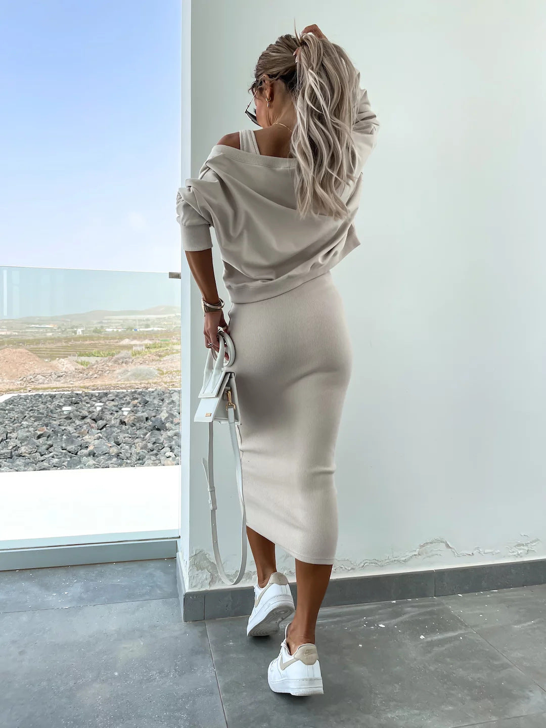 Amazon European and American Cross-Border New Spring Summer Women's Solid Color Clothing V Collar Long Sleeve Sweater Sling Slim Fit Long Dress2Set
