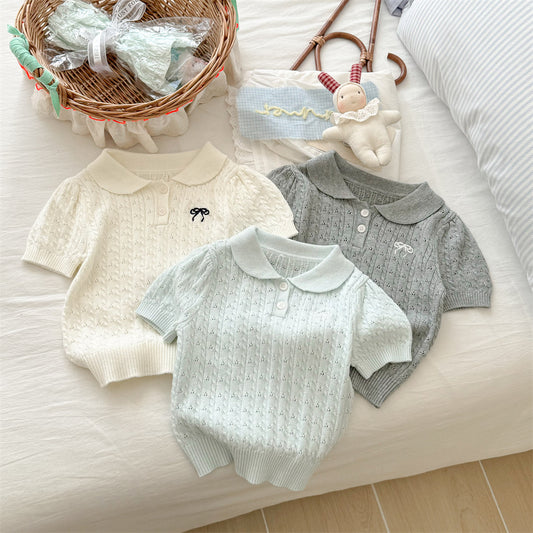 Sweet Little Sister New Summer Outfit Korean Style Girls' Clothing Bow Collar Short Sleeve Stylish Fashionable Super Cute Knitted Sweater Trendy