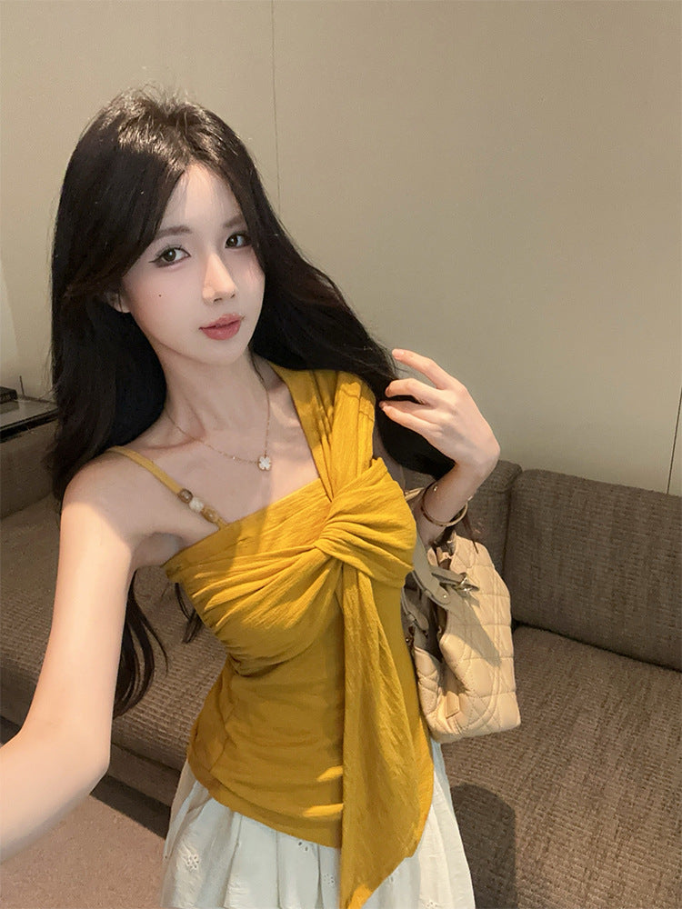 Pure Desire Hot Girl Off-Shoulder Twist t Women's T-shirt2025Summer New Slim Fit Fashionable Unique Design Top