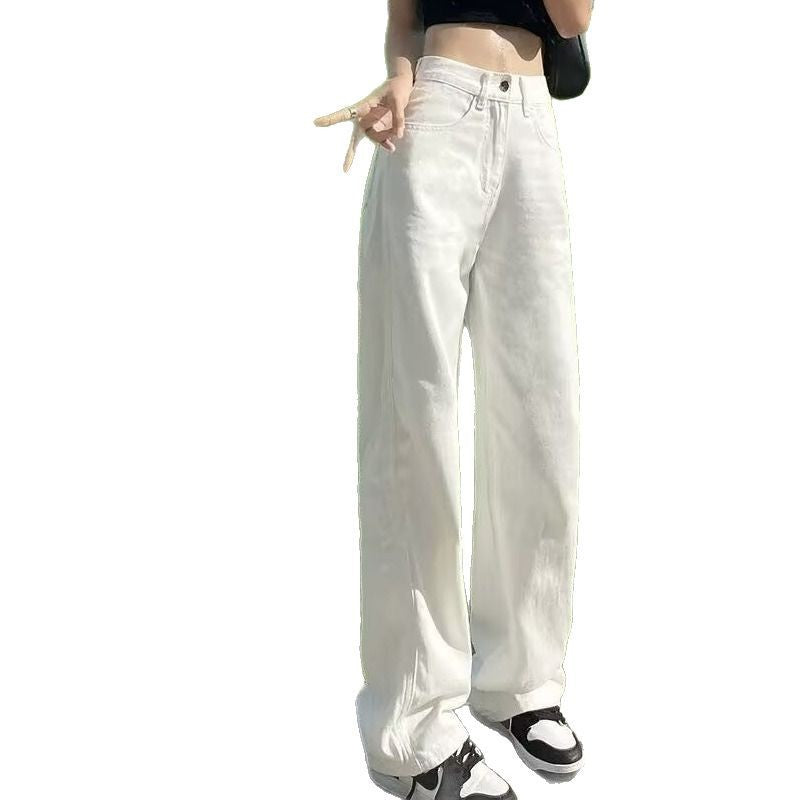 High Waist Loose Slimming Draped Floor-Length White Straight-Leg Jeans for Women Summer New Basic Wide-Leg Pants Trendy