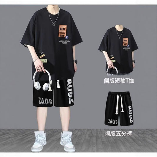 Summer Teenage Suit Boys Short Sleeve T T-shirt Short Sleeve New Style High School Student Trendy Casual Sports Two Pieces