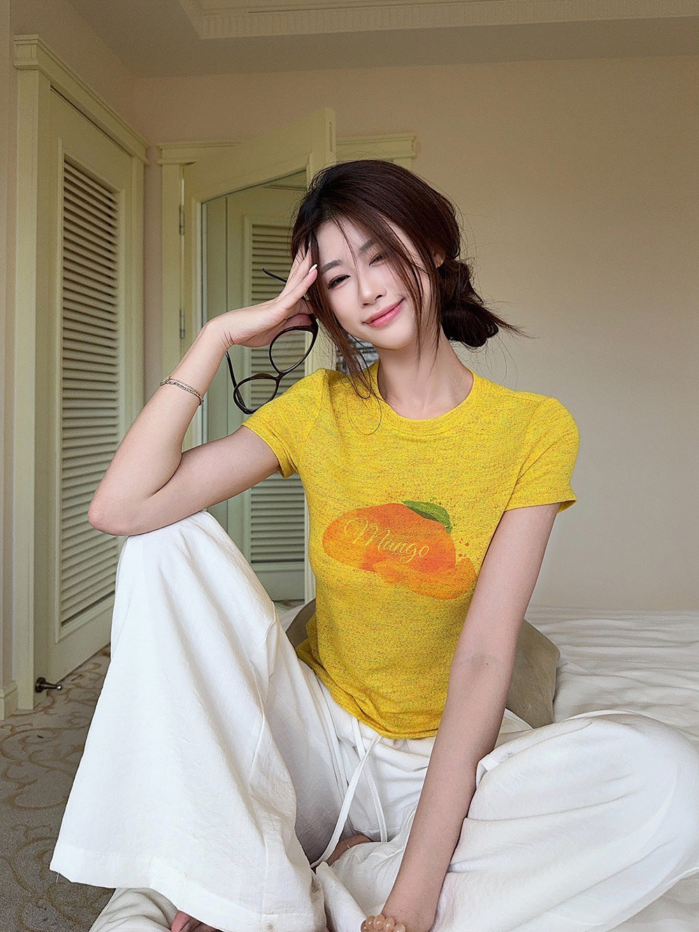 Korean Style chic Unique Youthful Dopamine Print Short Sleeve Slim Fit Round Neck Regular Shoulder Top T Women's Summer T-shirt