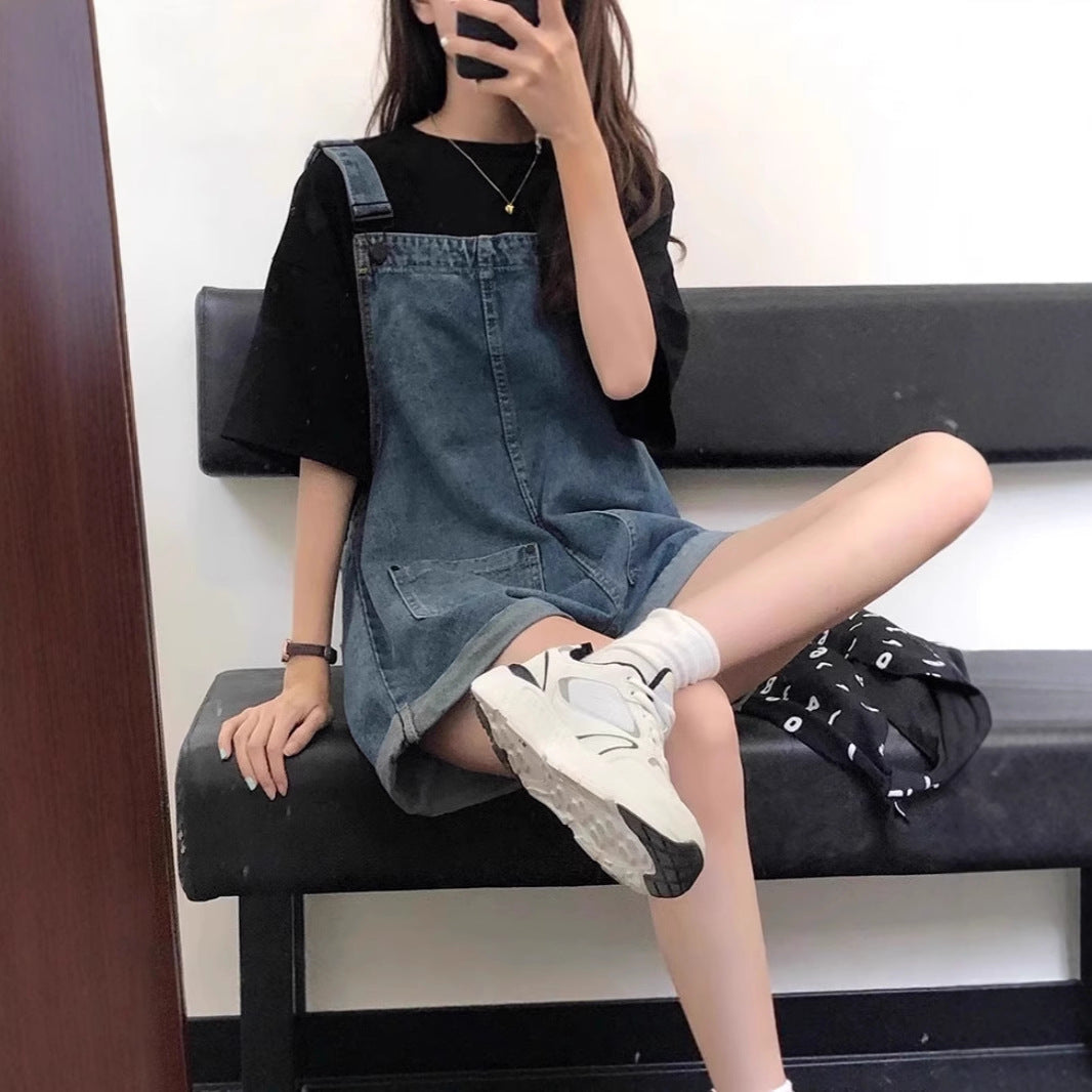 Women's Denim Overalls Summer Thin Loose Slimming Straight Strap Jumpsuit Denim Overalls Shorts
