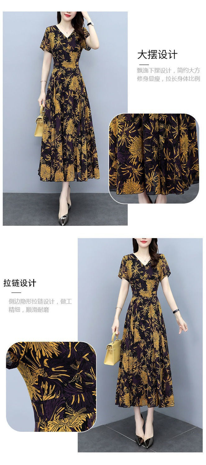 2022Summer New Chiffon Floral Dress Slimming Waist Plus Size Women mm Tummy-Covering Elegant Long Dress