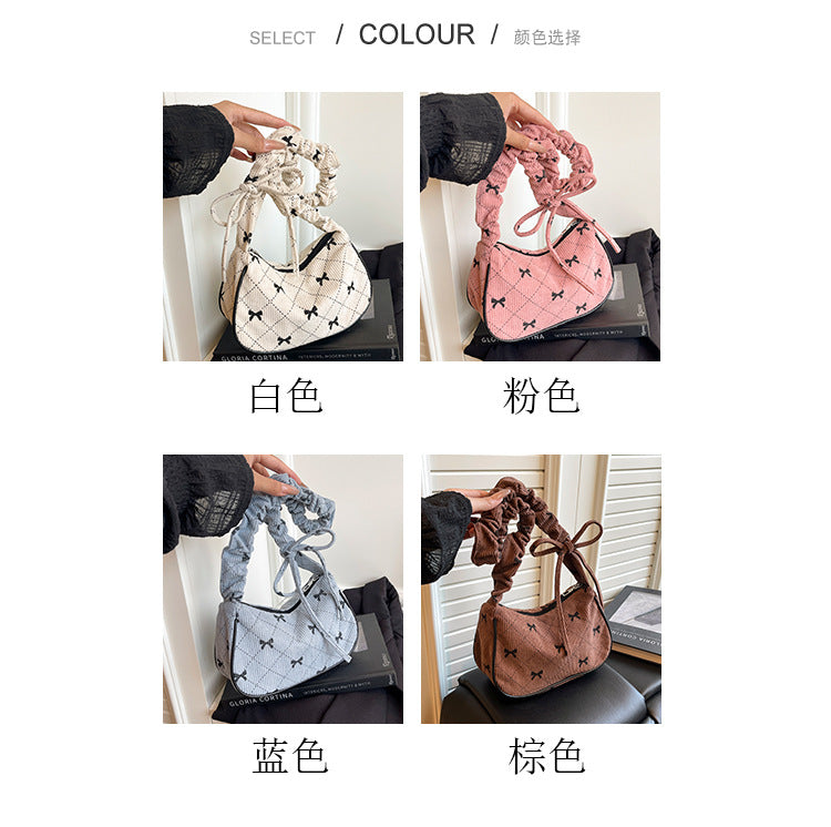 Sweet Bow Plaid Single Shoulder Underarm Crescent Bag2024Autumn new simple casual large capacity handbag