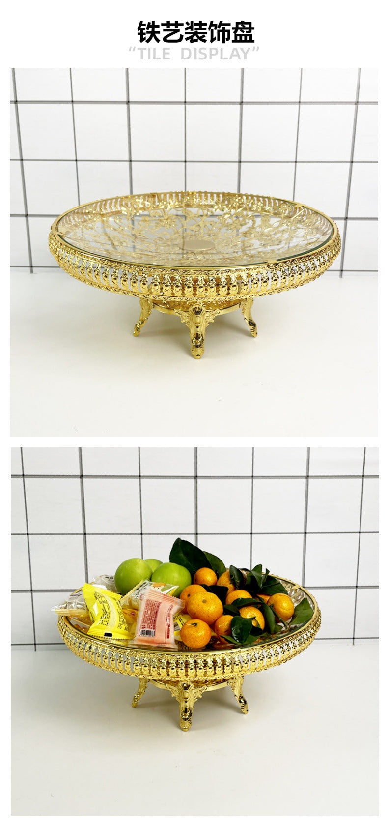 In Stock European Style Glass Gold-Plated Dessert Tray Wedding Decoration Fruit Plate Events Cake Serving Tray