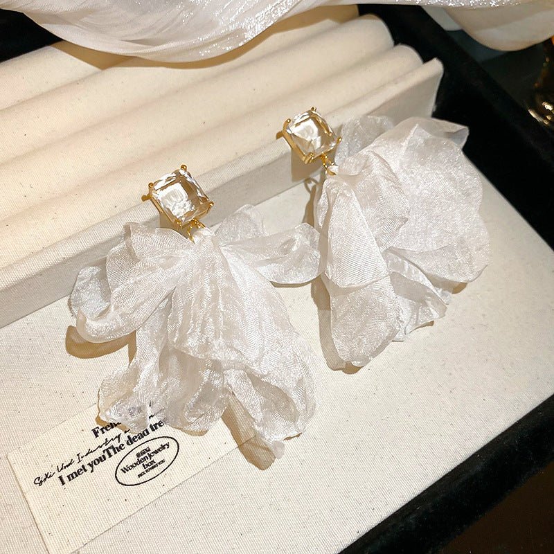 Resort Style Silver Needle Fabric Flower Tassel Earrings High-End Fashion Earrings Bohemian Sweet Exaggerated Ear Jewelry