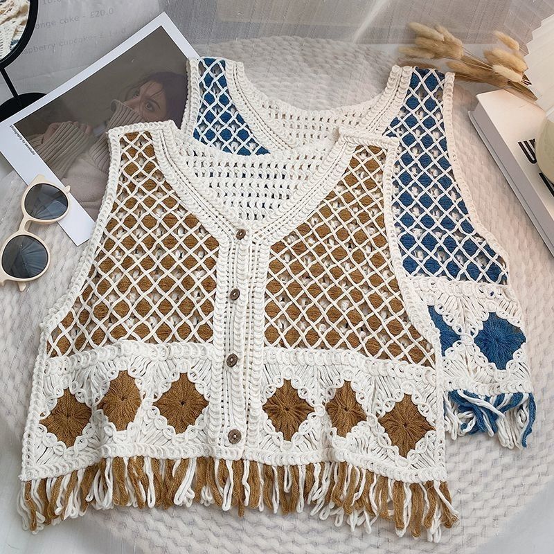 Ethnic Style Diamond Pattern Tassel Knitted Vest Women Xinjiang Grassland Beach Vacation Hollow Out Cardigan