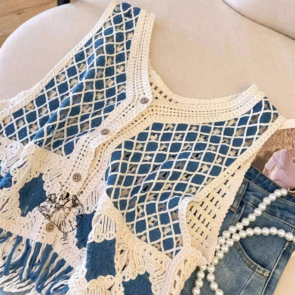 Ethnic Style Diamond Pattern Tassel Knitted Vest Women Xinjiang Grassland Beach Vacation Hollow Out Cardigan