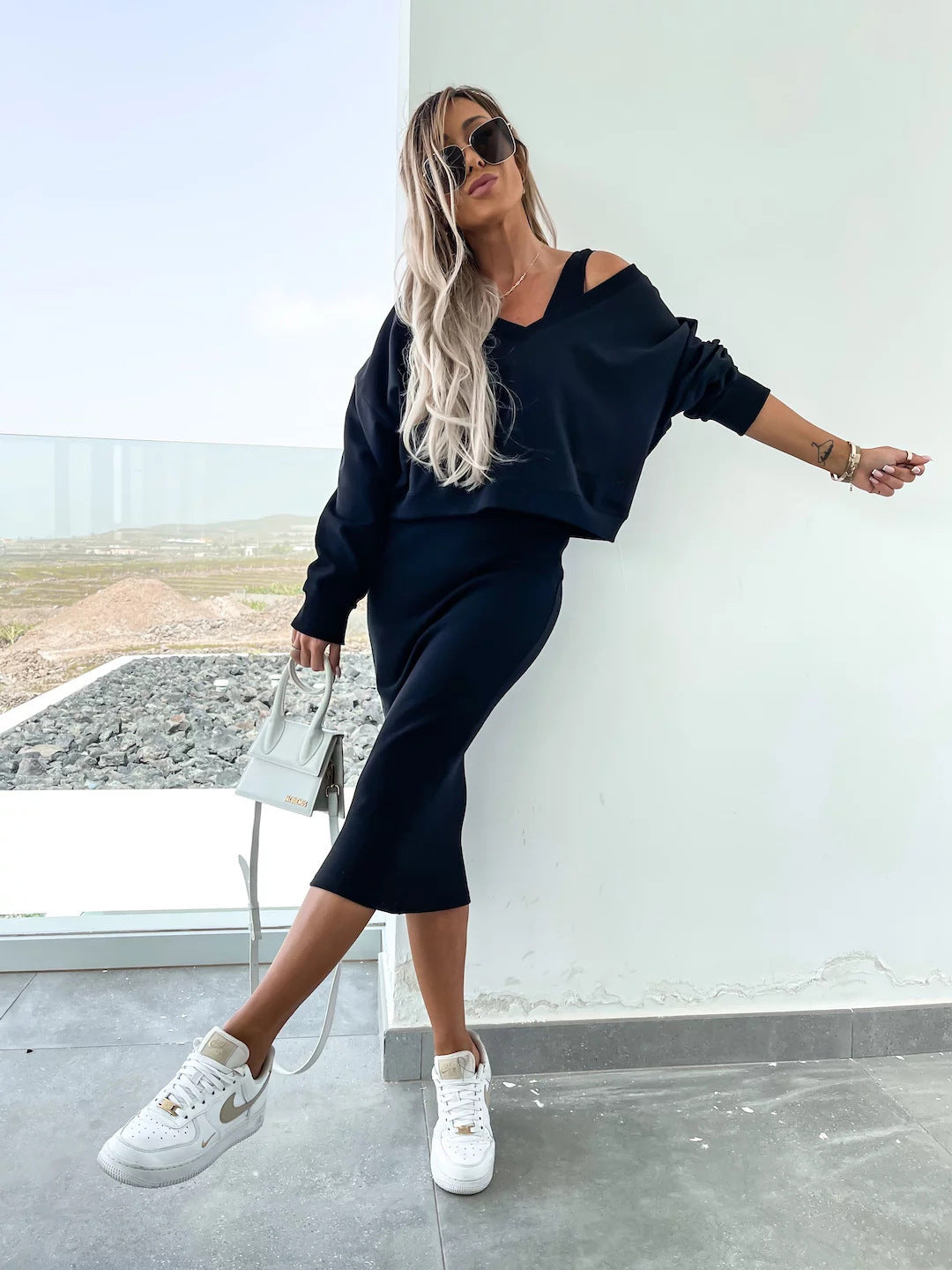 Amazon European and American Cross-Border New Spring Summer Women's Solid Color Clothing V Collar Long Sleeve Sweater Sling Slim Fit Long Dress2Set