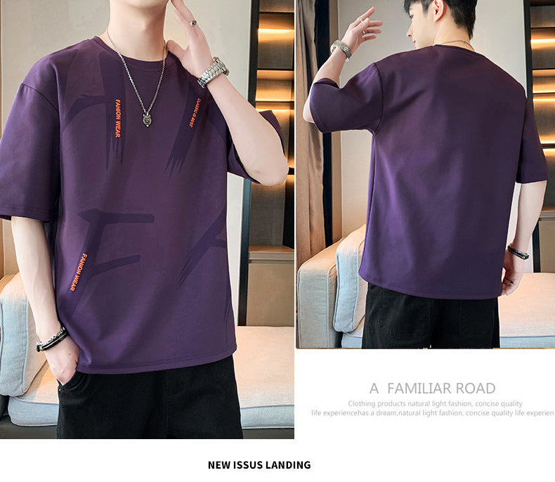 Summer Trendy Hong Kong Style Men's Printed Round Neck Short Sleeve T T-shirt Plus Size Loose Casual T-Shirt for Overweight Men
