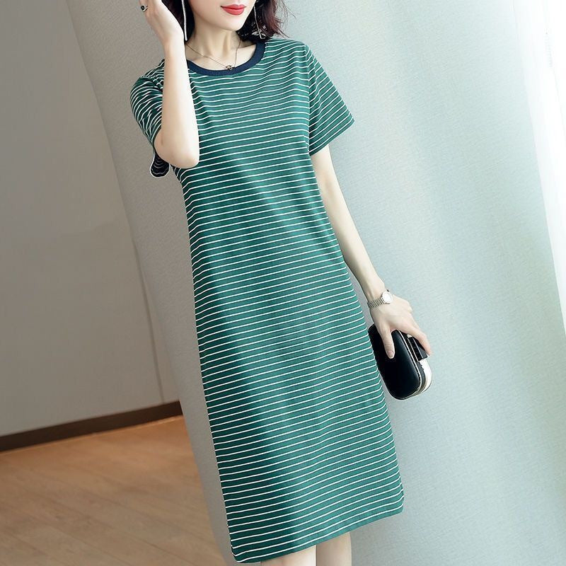 Summer Waist-Cinching Dress Plus Size Middle-Aged and Elderly Mom Outfit Mid-Length Striped Short Sleeve T Women's T-shirt Skirt Cross-Border Wholesale