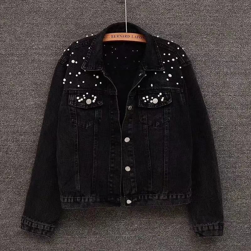 Amazon Cross-Border Southeast Asia Heavy Fashion Beaded Short Denim Jacket for Women Pearl Plus Size Jacket ns Top