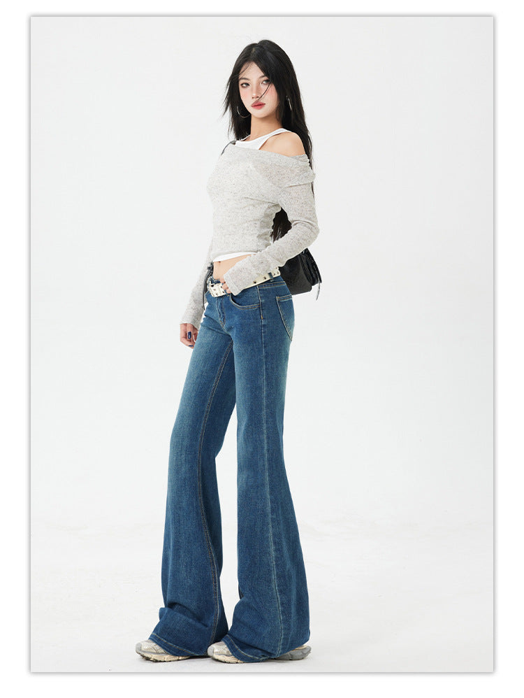 American Style Spicy Girl Retro Flared Jeans for Women Spring and Autumn2025New dark blue low-waist wide-leg floor-length pants