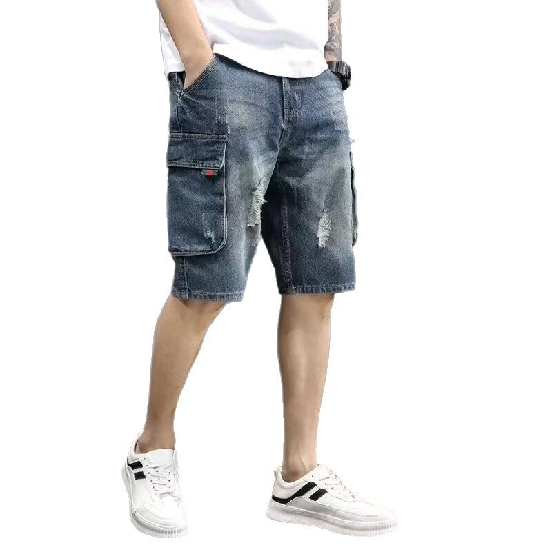 Summer Casual Multi-Pocket Loose Denim Shorts Men Trendy Loose Cargo Pants Retro Jeans Five-Point Shorts