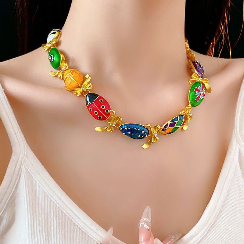 Medieval vintage Water Drop Flower Bow Necklace Palace Style Diamond Inlaid Oil Drop Collarbone Chain High-end Jewelry