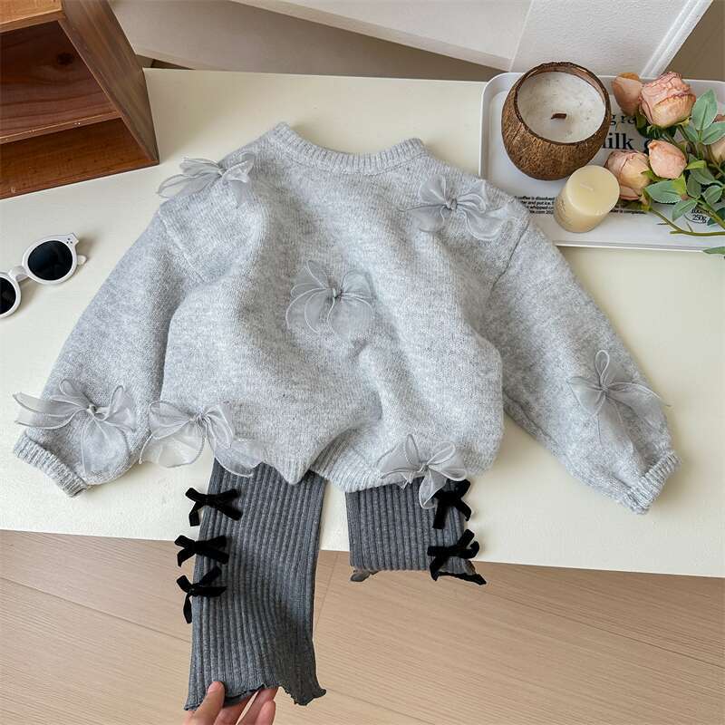 Sweet Little Sister Korean Children's Sweater Spring and Autumn New Fashionable Girls' Korean Style Fashionable Children's Bow Knitted Sweater