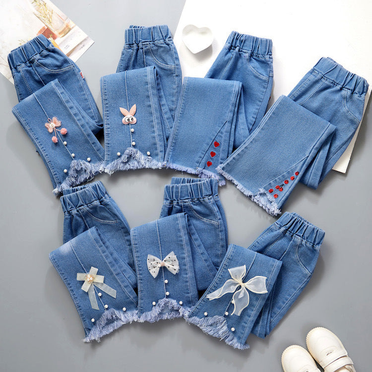 Children's Clothing Wholesale Girls' Jeans Spring and Autumn New Style Medium and Large Children's Slim Pants Baby Casual Girls' Flared Long Pants