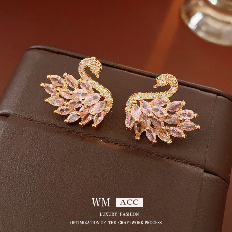 Real Gold Plated Silver Needle Zircon Swan Earrings Niche Light Luxury Exquisite ins Earrings with a high-end feel versatile for women