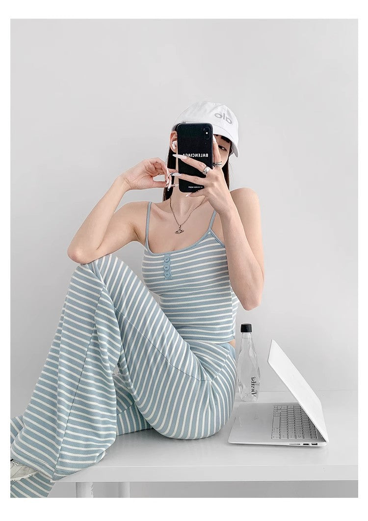 Home Lazy Relaxed Striped Slimming Wide-Leg Pants for Women Summer Hot Girl Fashion Camisole Vest Casual Two-Piece Set