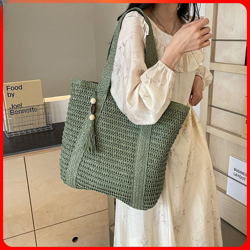 Cross-Border Hot-Selling Women's Bag Simple Large Capacity Lightweight Woven Bucket Beach Bag Trendy Straw New Handheld Shoulder Bag