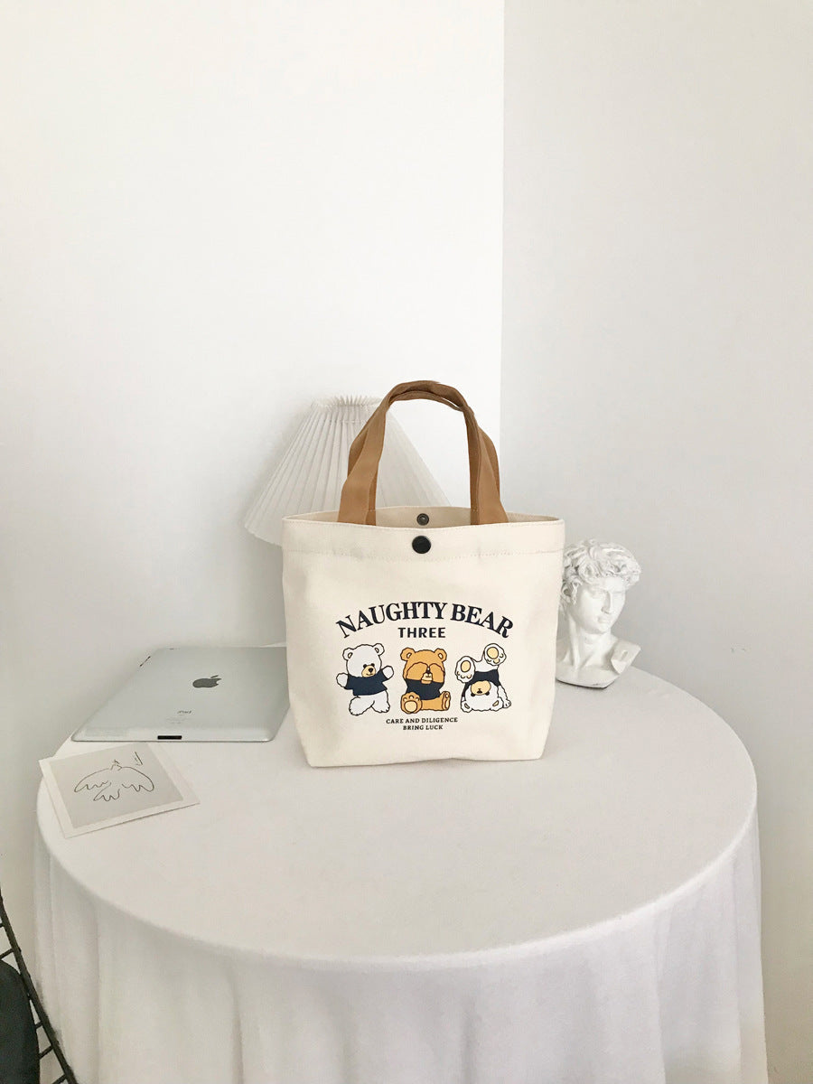 New Bear Canvas Bag for Female Students, Portable Small Handheld Lunch Bag, Tote Bag, Canvas Pouch, Gift Bag