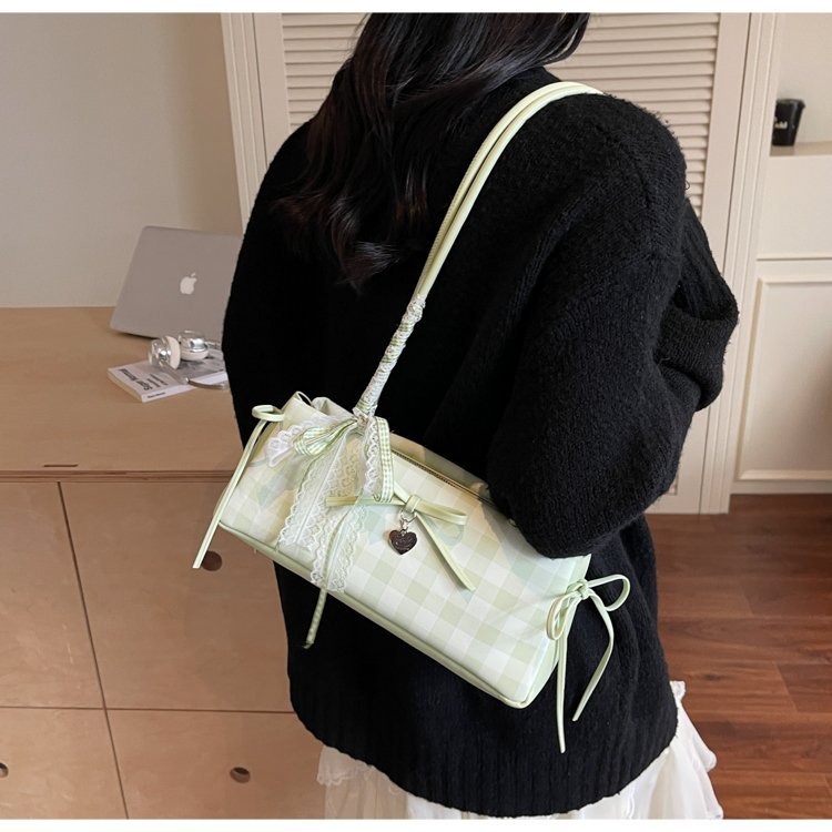 Dopamine Plaid Handbag Small Tote Bag for Women Summer2025New Ballet Style Bow Baguette Bag Underarm Bag Trendy