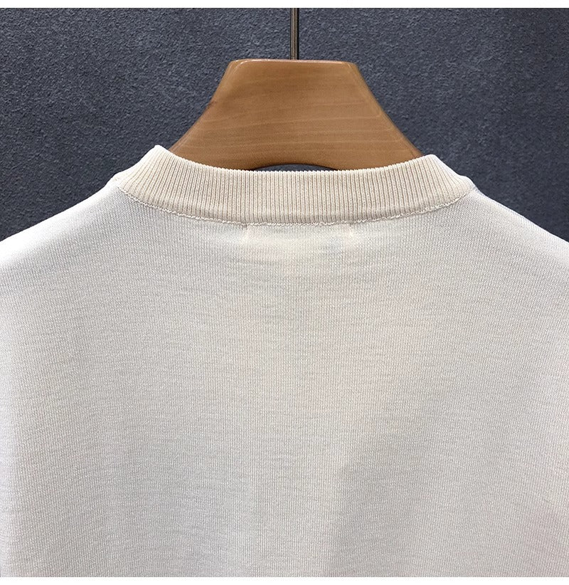 2025New Short Sleeve Knitted Shirt for Men, Striped, Simple, High-End Business, Mature, Slim Fit, Ice Silk T Men's Shirt