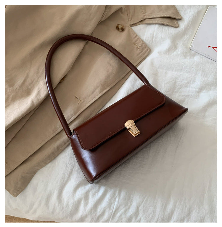Textured French Style Women's New Fashion Retro2025Large Capacity Casual Solid Color Lock Buckle Handheld Baguette Underarm Bag for Women