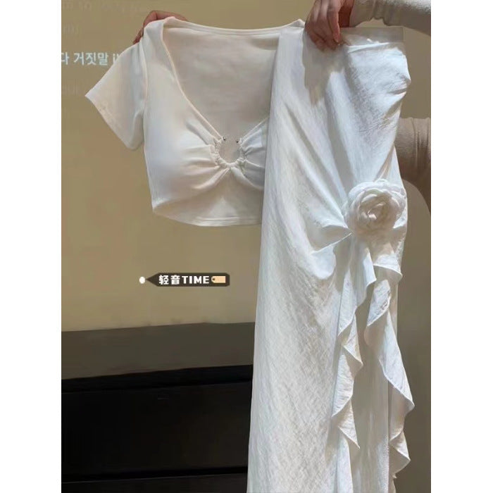 Spicy Girl Hollow Out Crop Top Set for Women Summer High Waist Irregular Floral Split Skirt