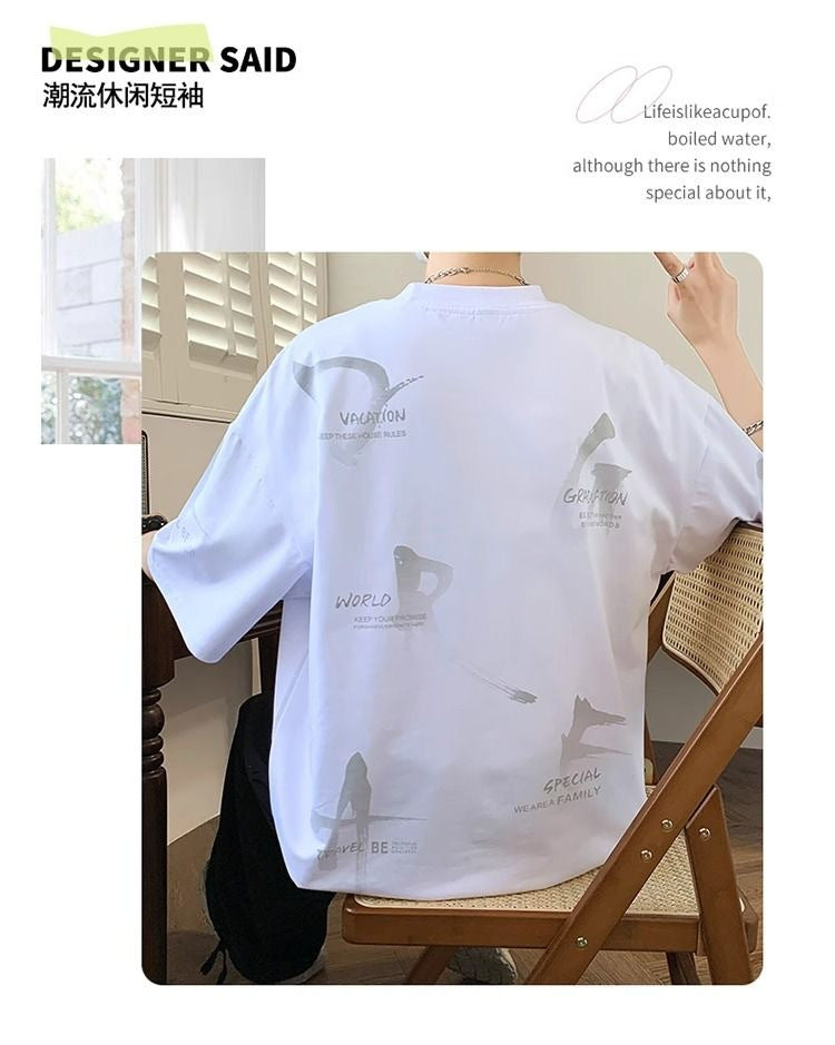 2025Summer New Men's Youth Casual Stylish Trendy Loose Short Sleeve T Shirt Gradient Color for Middle and High School Students