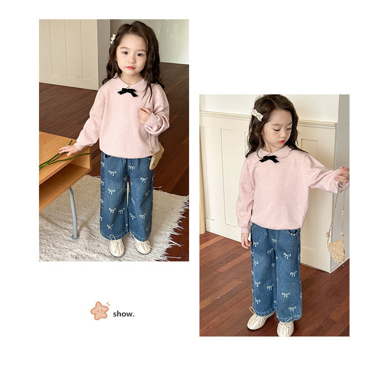 Girls' Pants Bowknot Print Jeans Wide Leg Straight2025Autumn New Fashionable and Stylish for Girls and Young Children