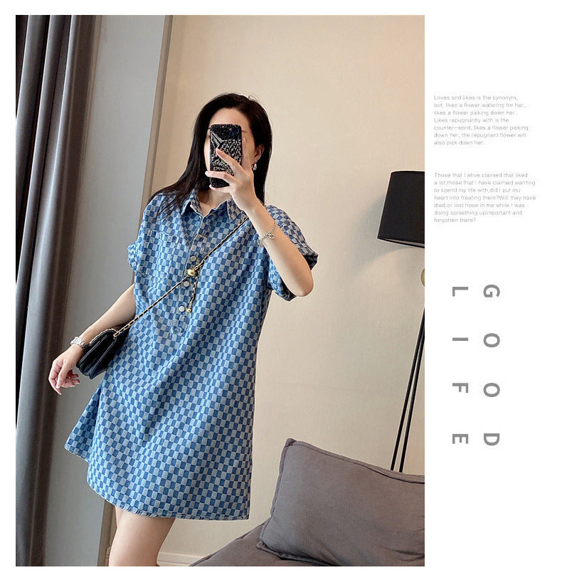 2-300Jin Fat mm Denim Blue Dress for Women Summer New Large Size Mid-Length Loose Short Sleeve T T-shirt Skirt
