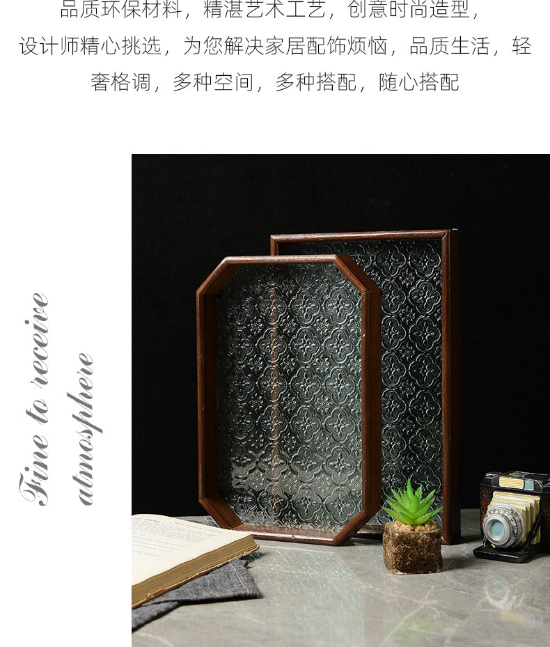 Begonia Embossed Glass Tray Walnut Color Rectangular Tea Tray Storage Ornaments Tea Water Cup Fruit Snack Plate