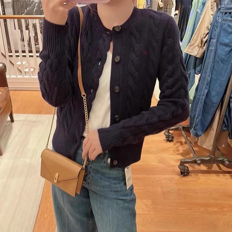 Counter Same Style Pony Embroidery Wool Cable Vintage Knitted Cardigan Women Autumn Winter Sweater Round Neck Thick Coat Top