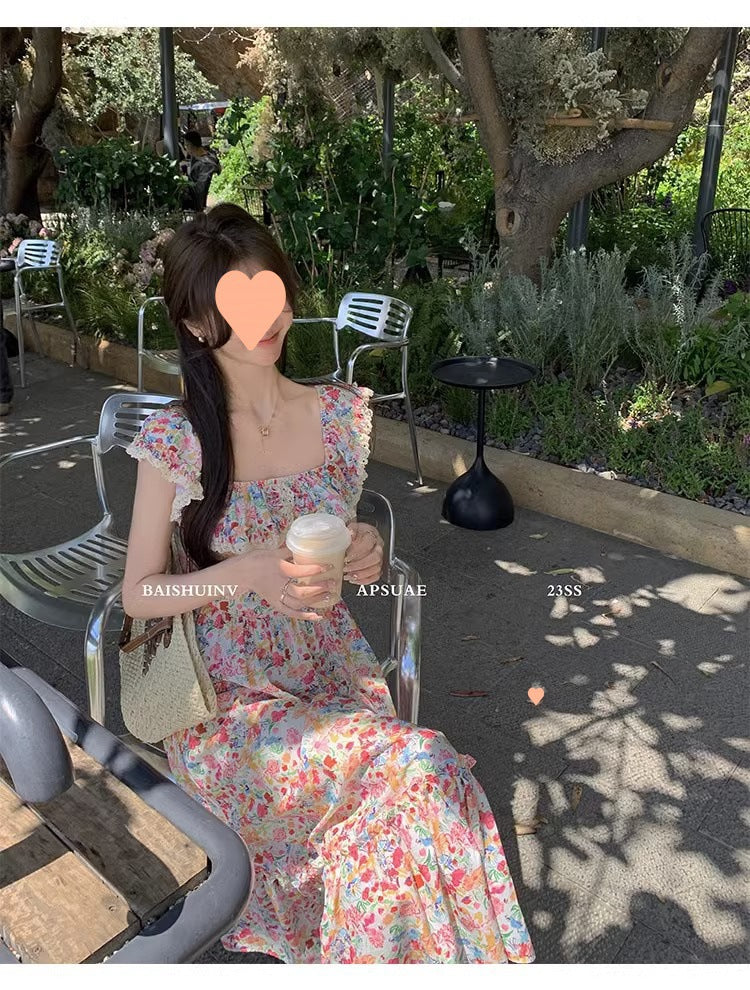 Floral Square Neck Slim Fit Women's Dress for Beach Vacation Casual Long Dress