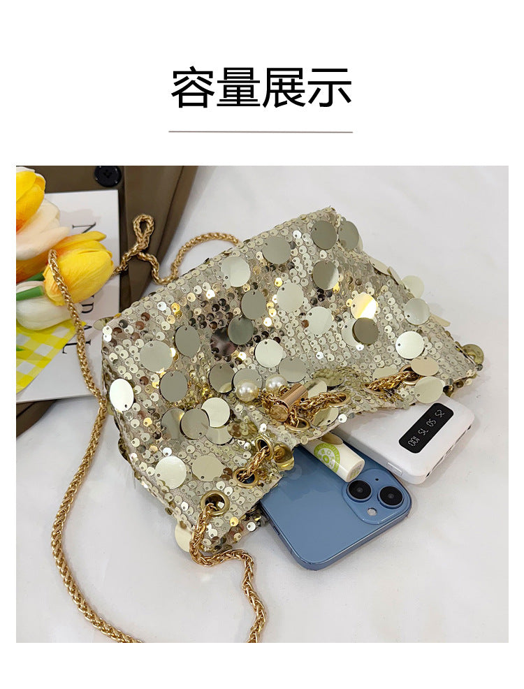 Trendy and High-End Sequin Bucket Bag2025Summer New Fashion Versatile Stylish French Chain Single Shoulder Crossbody