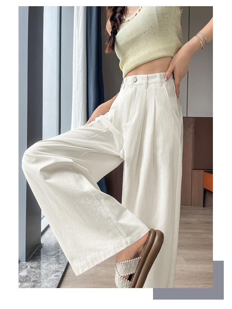 Pure White Simple Style Washed Cotton Jeans for Women High Waist Loose Slimming Straight Leg Draped Casual Versatile Long Pants