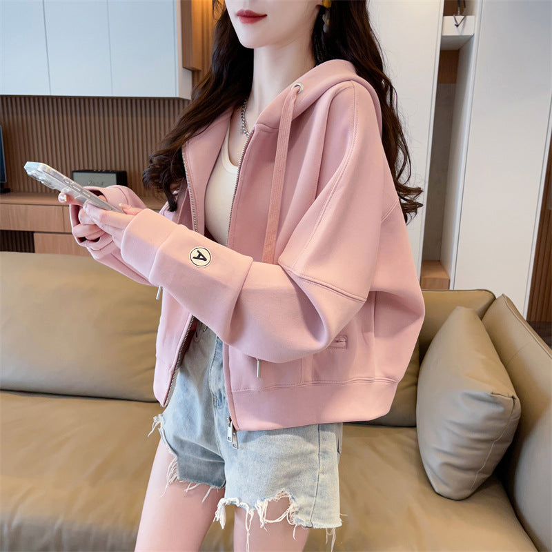Spring and Autumn Short Hooded Sweatshirt Jacket for Petite Women, New Thin Loose Stylish Zipper Cardigan for Autumn and Winter