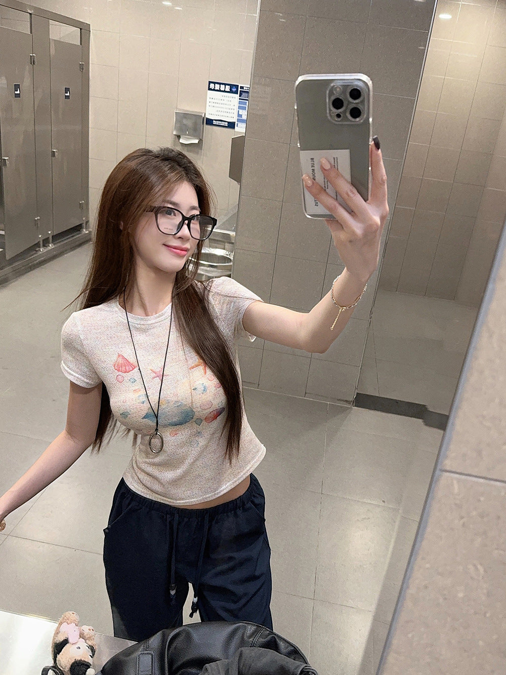 Korean Style chic Unique Youthful Dopamine Print Short Sleeve Slim Fit Round Neck Regular Shoulder Top T Women's Summer T-shirt