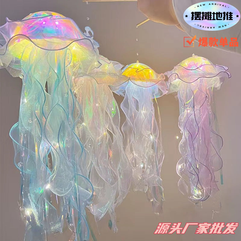 New Handheld Glowing Jellyfish Lantern with Colorful Streamers, Flashing Night Light for Children, Street Stall Night Market Octopus Light Toy