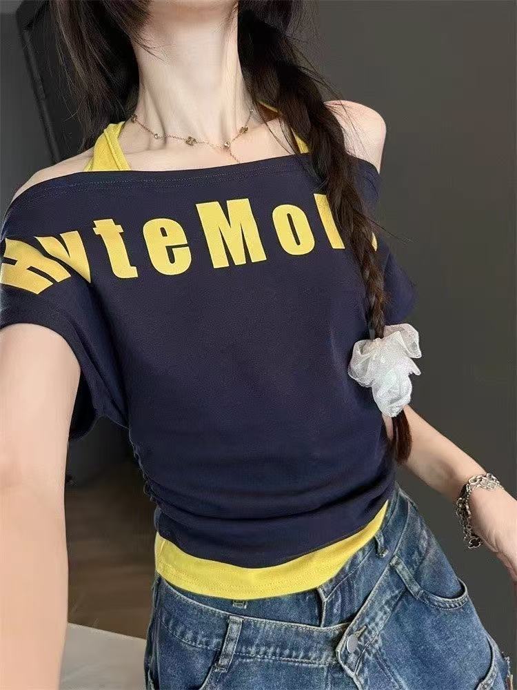 Fashionable Design Letter Print Off-Shoulder Halter Neck Short Sleeve T Women's T-shirt2025Summer New Slimming Short Top
