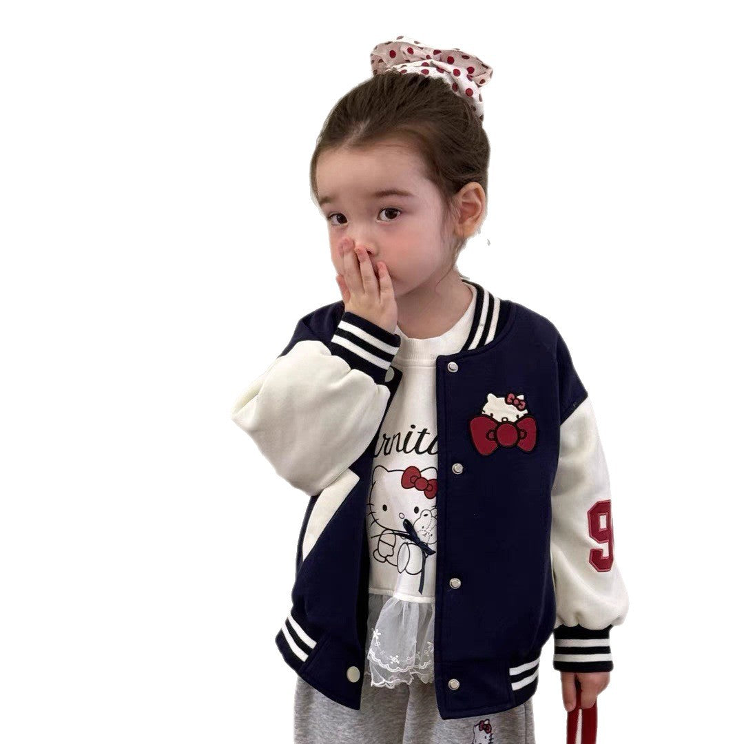 Sweet Little Chef Children's Clothing2025Autumn New Cute Girls' Toddler Outfit KT Cat Color Block Baseball Jacket Cartoon Sweatshirt Trendy