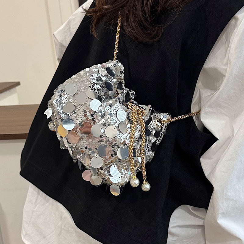 Trendy and High-End Sequin Bucket Bag2025Summer New Fashion Versatile Stylish French Chain Single Shoulder Crossbody